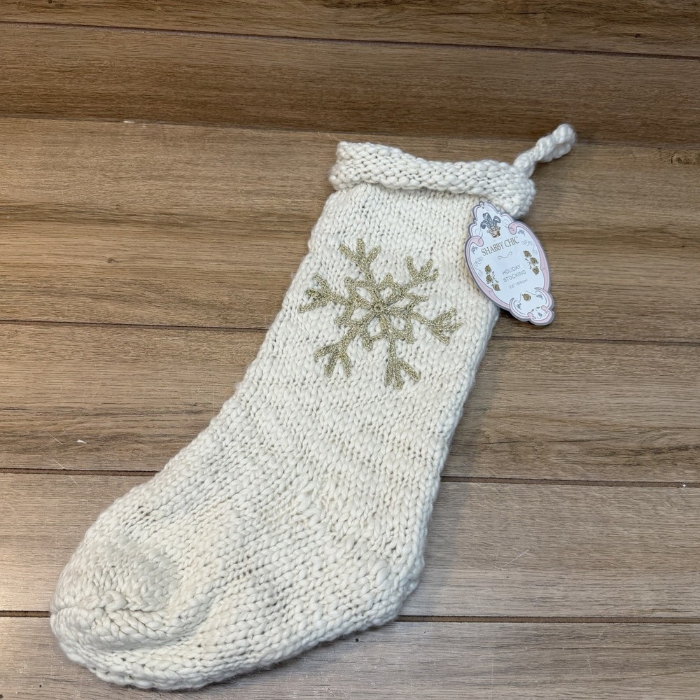Shabby Chic Rachel Ashwell Chunky Knit Christmas Stocking Gold Glitter Snowflake